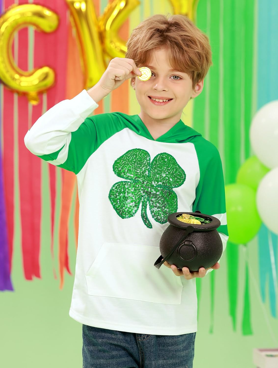 BesserBay Unisex Kids St Patrick's Clover Raglan Hoodie Kangaroo Pocket Sweatshirt 1-10 Years
