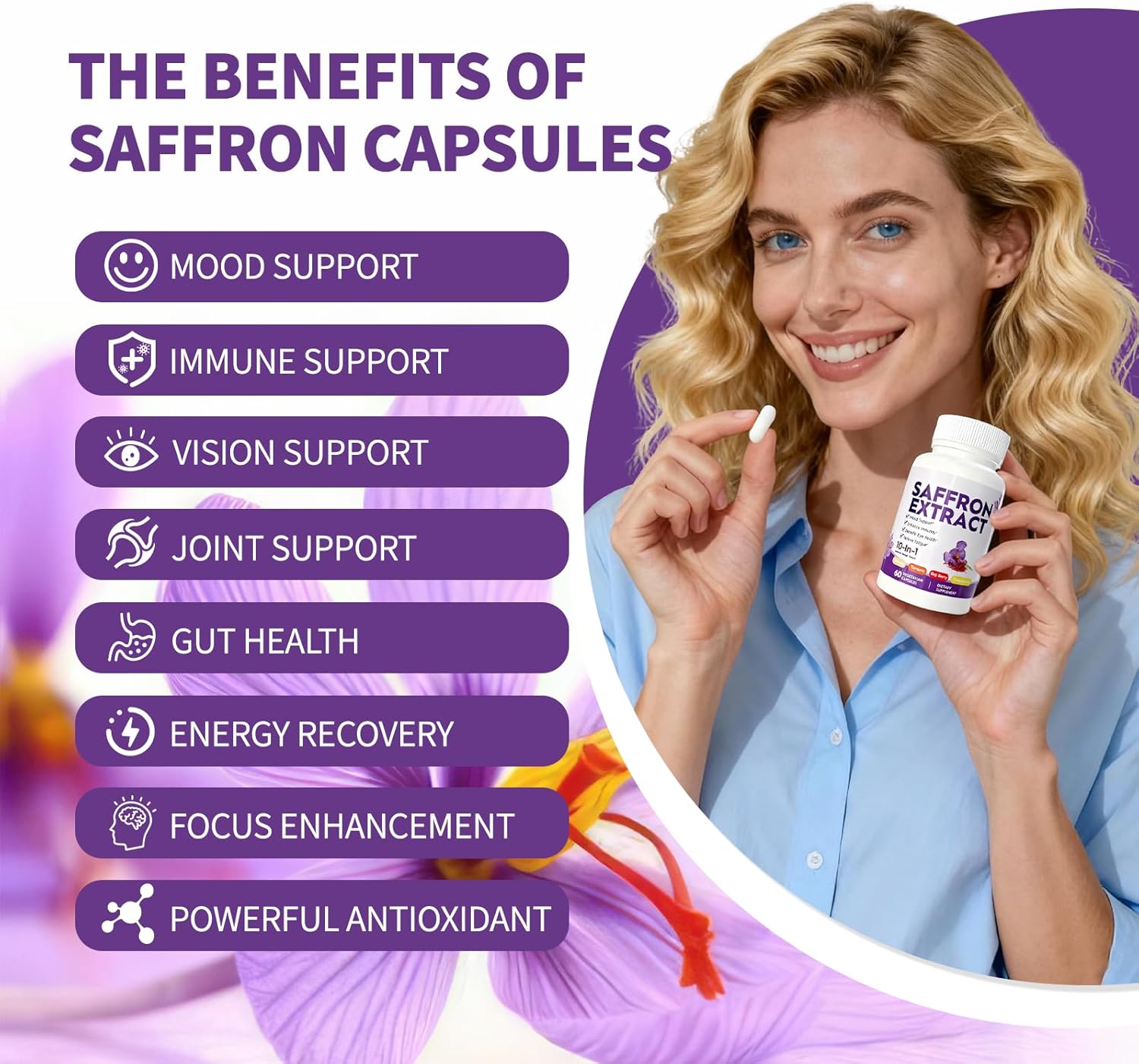 Saffron Supplements with Turmeric, Ginseng, and Zinc Complex Formula for Men and Women Supports Mood, Immune Function, 60 Vegan Capsules - Image 3