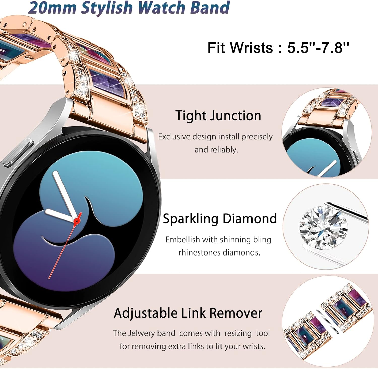 NINKI Sparkling Band Compatible Samsung Galaxy Watch 7/6/5/4 FE 40mm 44mm Classic 43mm 47mm/Classic 42mm 46mm/Active 2 Watch Bands Resin,20mm Stainless Steel Bracelet Band for Galaxy Watch 3 41mm/42mm