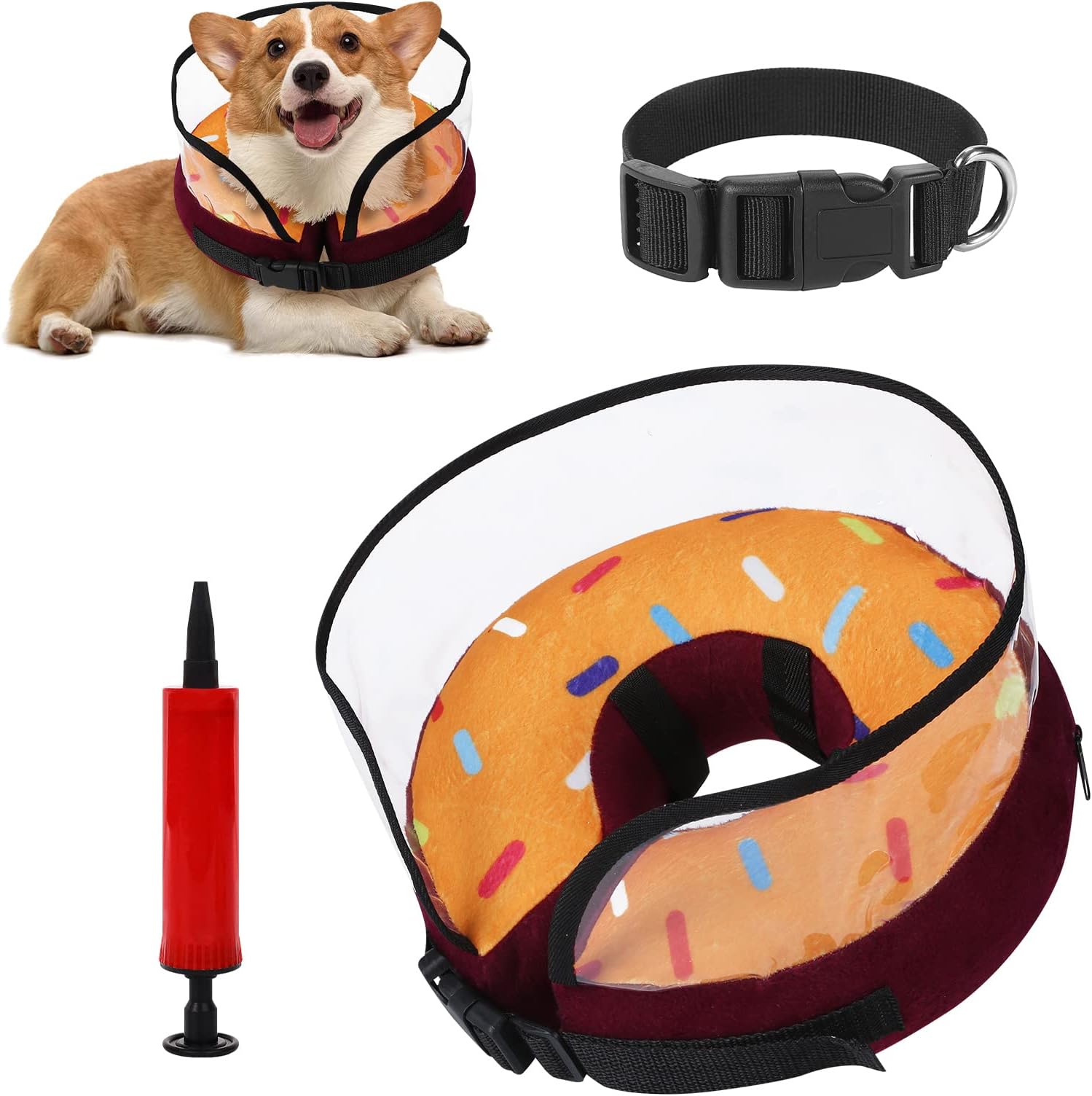 WHATWEARSWHATWEARS Dog Cone Inflatable Cone Collar Recovery Pet Cone for Small Medium Dog After Surgery Soft Protective Dog Neck Donut Cone with Adjustable Buckle Prevent Pets from Biting Scratching L