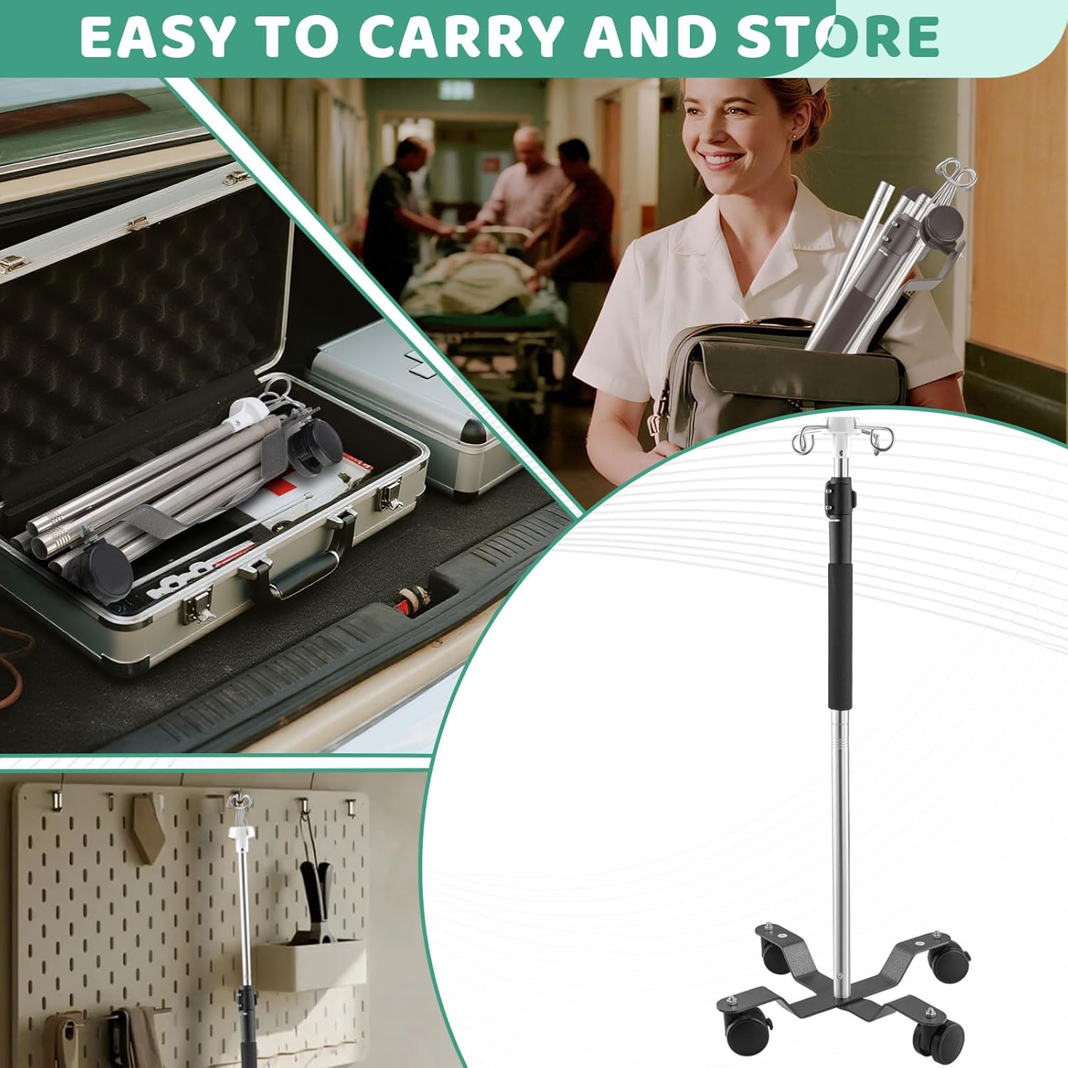 IV Pole with Wheels,48 to 95In Portable IV Floor Stand with 4 Hooks IV Bag Holder Stand Telescopic Feeding Pump Stand Stainless Steels Pipe Extension Pole IV Influsion Pole (48-95in) - Image 8