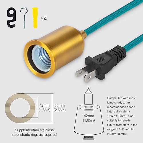 Miniatura 4 de Lámpara colgante con cable de enchufe, lámpara colgante con enchufe, enchufe de tela verde azulado, cubierta con interruptor, cables de iluminación