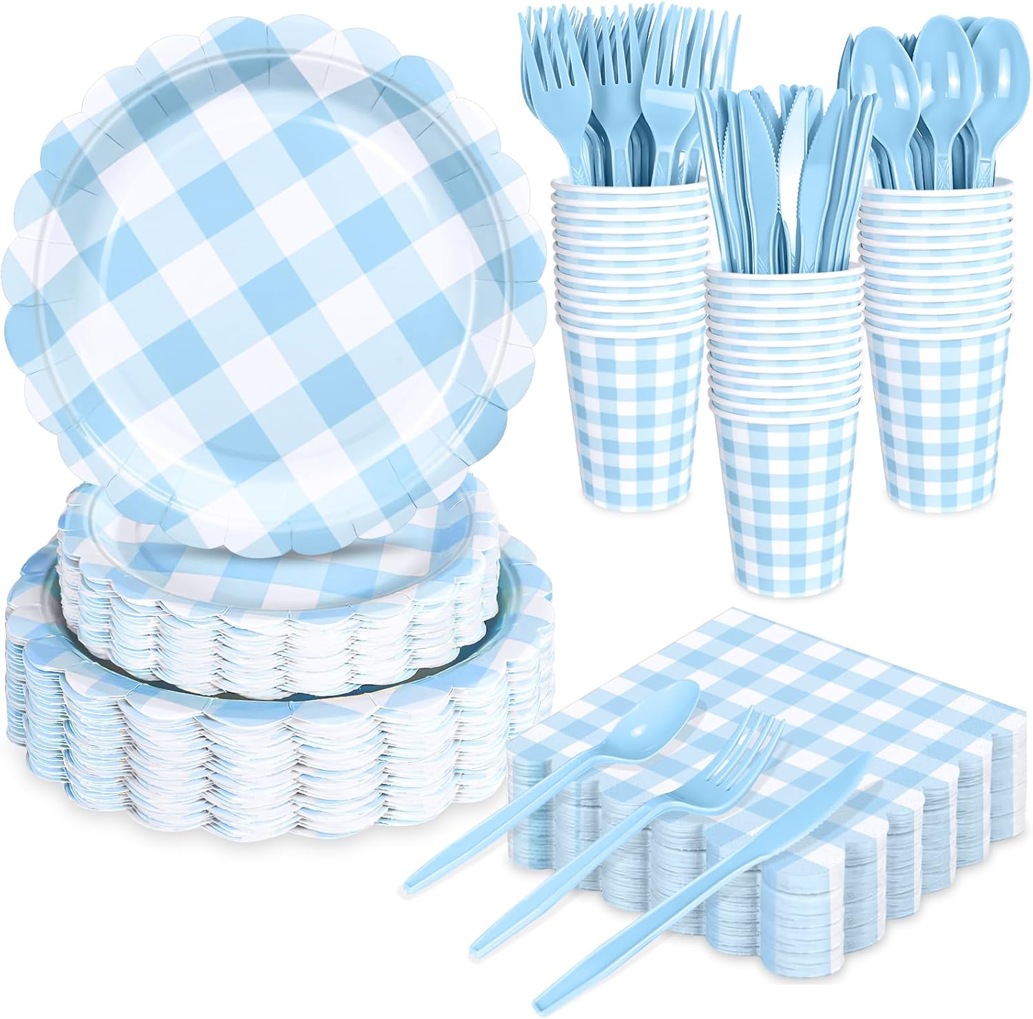 QISOLIY 350Pcs Blue Gingham Party Supplies Gingham Plates and Napkins, Blue Checkered Disposable Plates Set for Dinner Birthday Baby Shower Wedding Picnic Supplies Serve 50 Guest