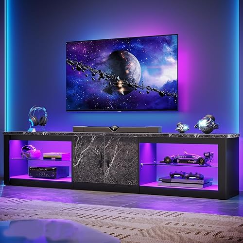 Miniatura 4 de Bestier 80 Inch TV Stand for 75/85/86 inch TVs, LED Gaming Entertainment Center for PS5 with Storage Cabinet &Adjustable Glass Shelves, Large TV