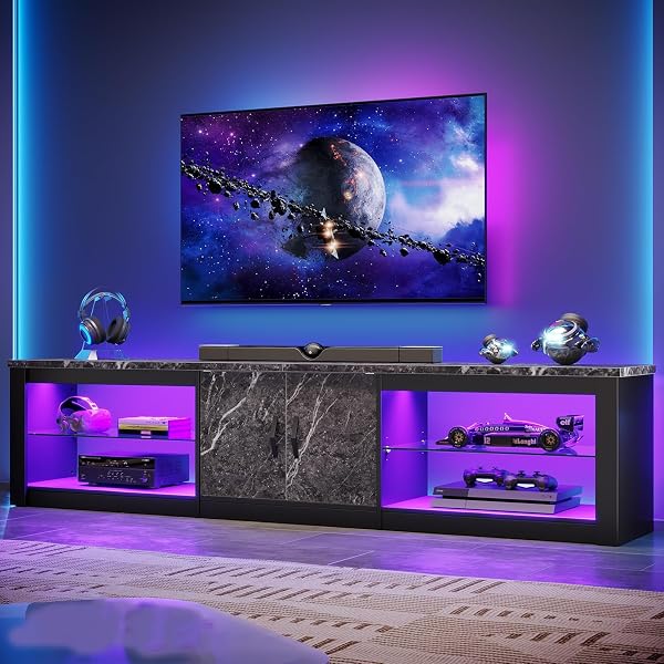 Bestier TV Stand for 75/85/90 inch TVs, LED Gaming Entertainment Center with Storage Cabinet & Adjustable Shelves, Moder