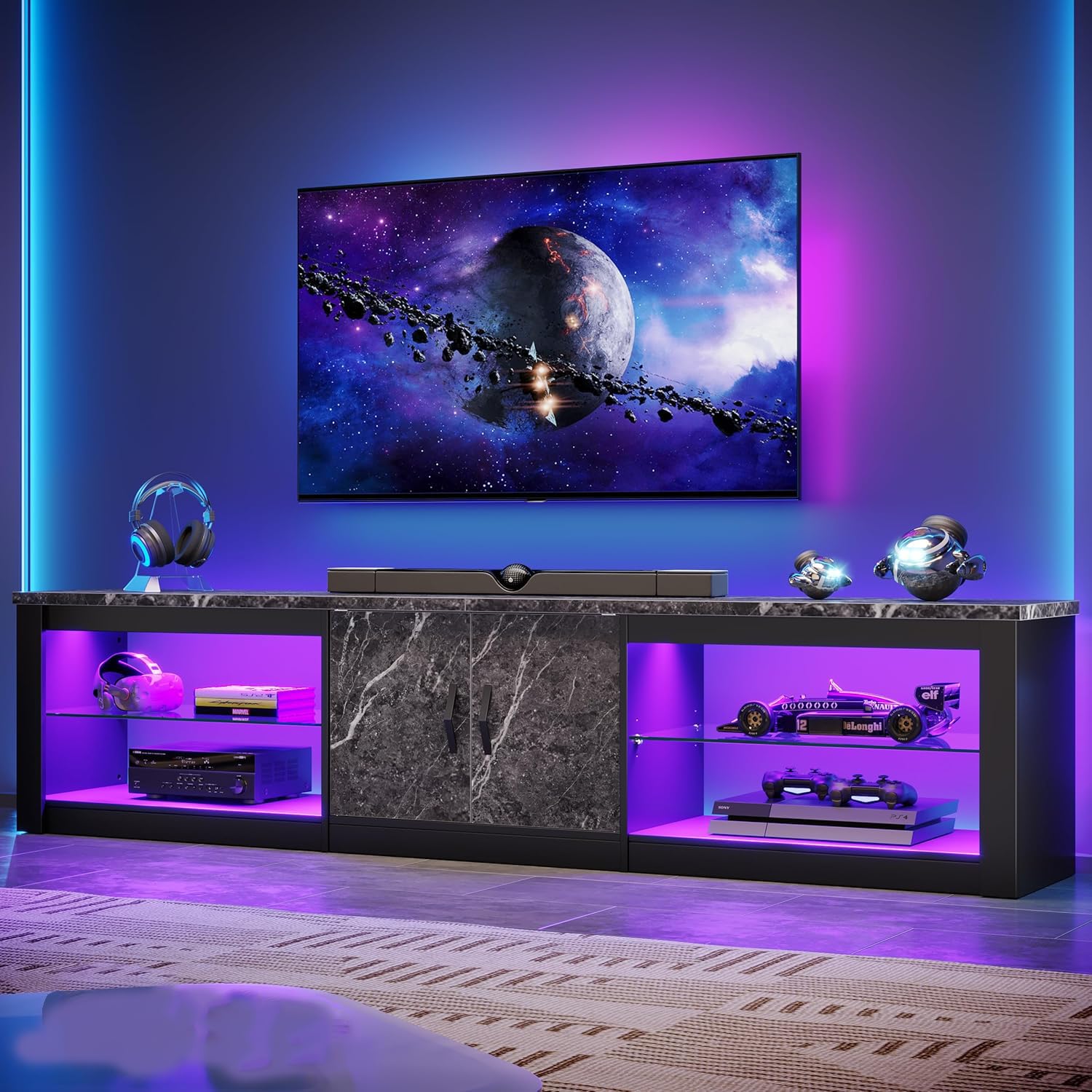 Bestier 80 Inch TV Stand for 75/85/86 inch TVs, LED Gaming Entertainment Center for PS5 with Storage Cabinet &Adjustable Glass Shelves, Large TV Console Table for Living Room Bedroom, Black Marble