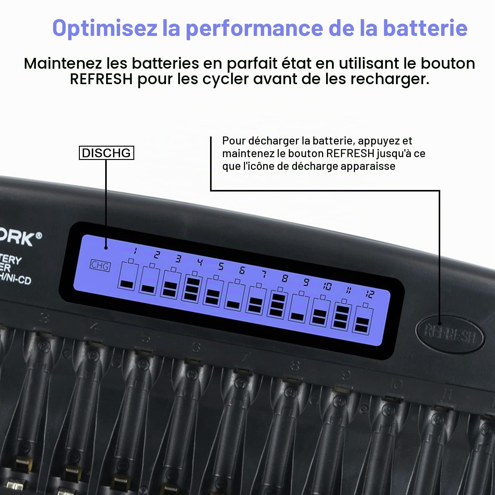 CITYORK Chargeur Intelligent LCD avec 12 emplacements et Protection IC intégrée, pour Piles Rechargeables AA/AAA Ni-MH/Ni-CD avec Adaptateur Secteur Mural