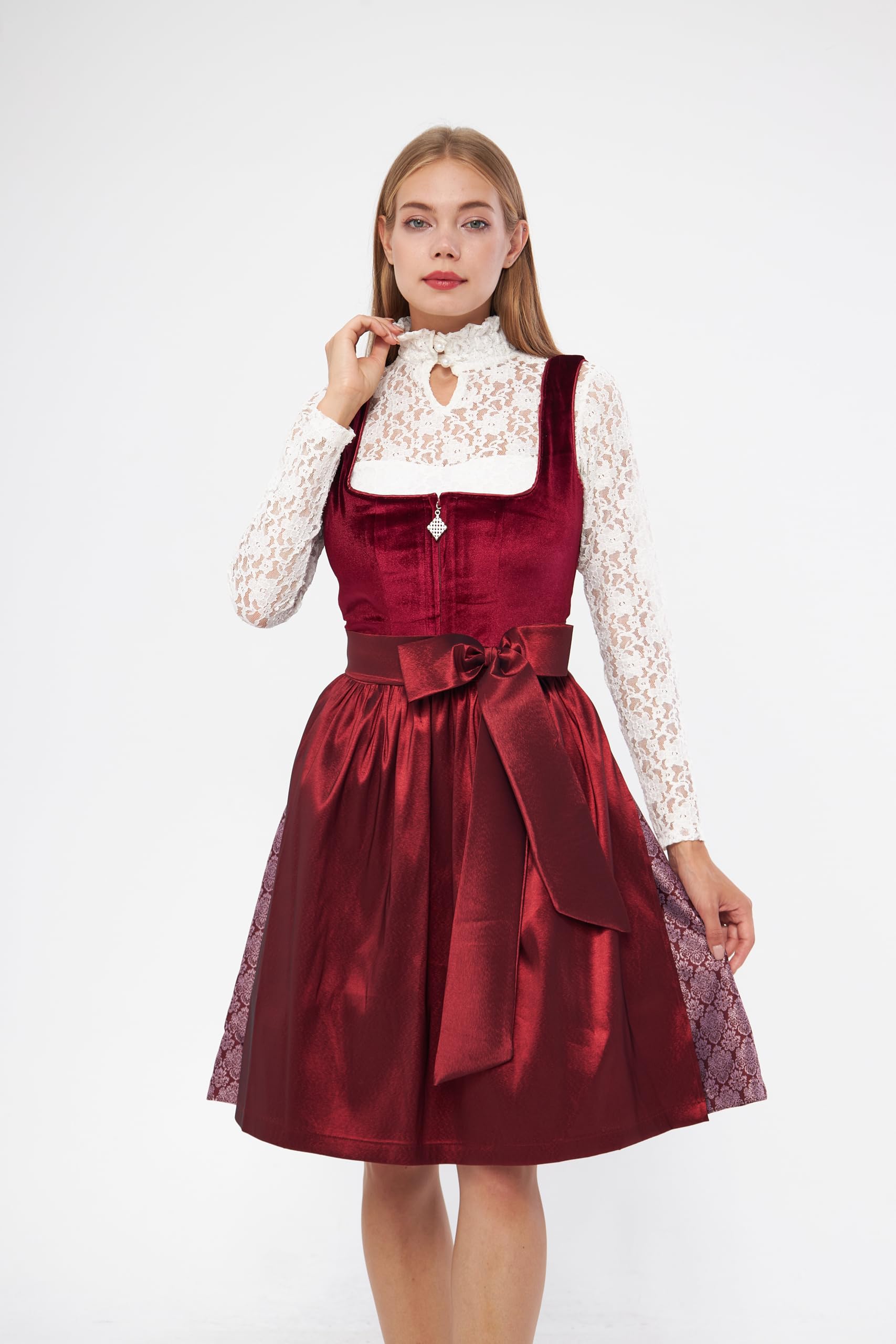 Lifos 0400 Damen Samt Dirndl mit Schürze 2 Teiliges Midi Trachtenkleid für Oktoberfest Wiesn und Volksfest