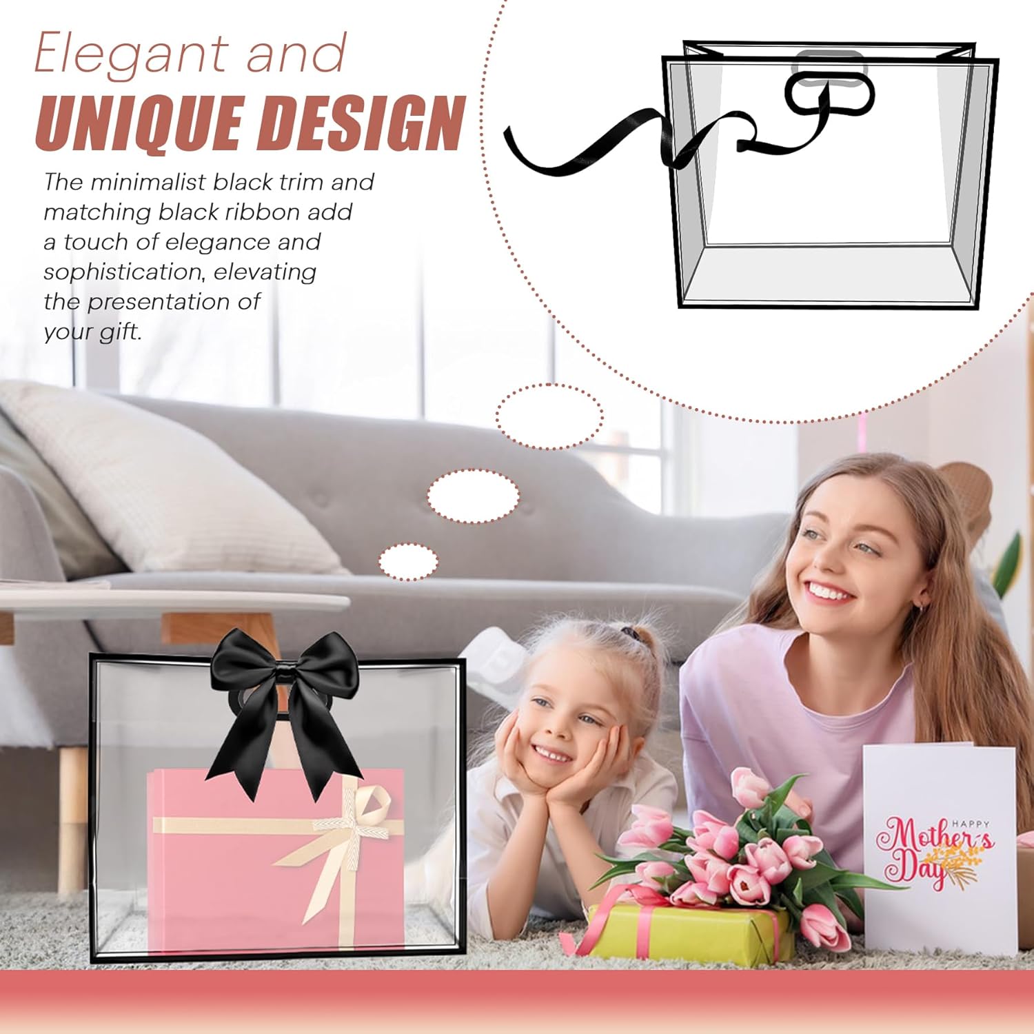 15Pack Clear Plastic Gift Bags with Handle,Reusable PP Gift Wrap Tote Bags with Ribbon Card for Wedding Bridal Birthday Party Baby Shower Goodies Graduation Shopping Business, 12x10x5Inch (black, large) - Image 6