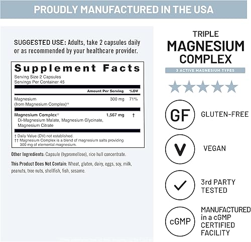 Miniatura 5 de NatureWise Complejo triple de magnesio, glicinato de magnesio de alta absorción + malato + citrato para nervio muscular y apoyo energético, vegano,