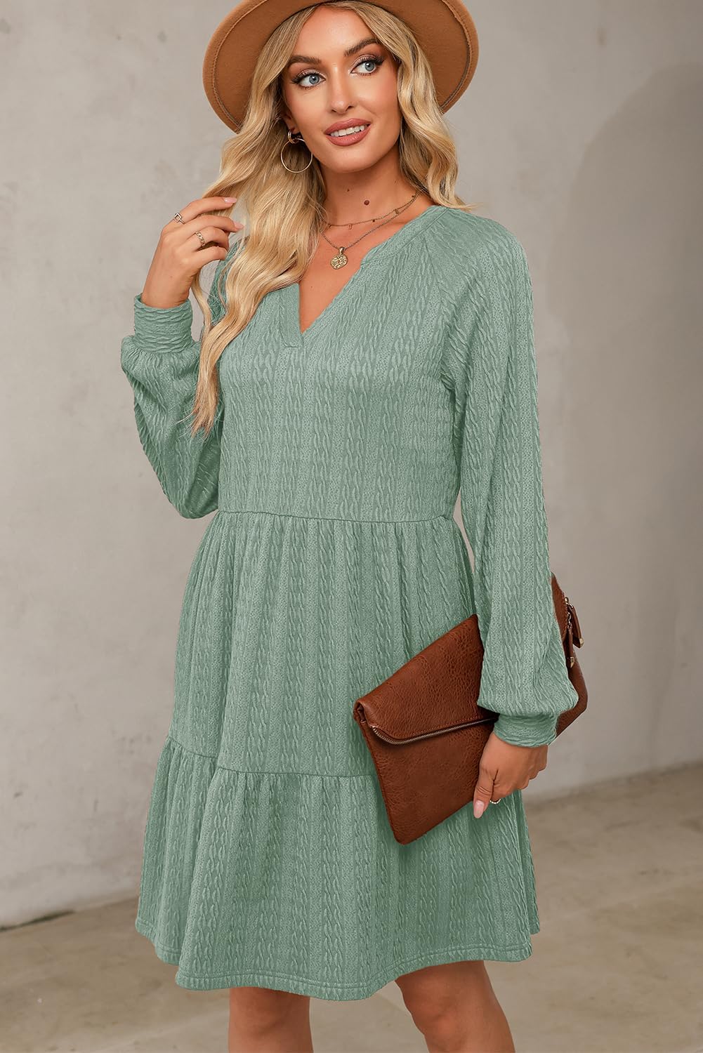 Dokotoo Fall Dresses for Women 2025 Long Sleeve V Neck Textured Casual Lightweight Tiered Ruffle A-Line Mini Babydoll Dress - Image 4