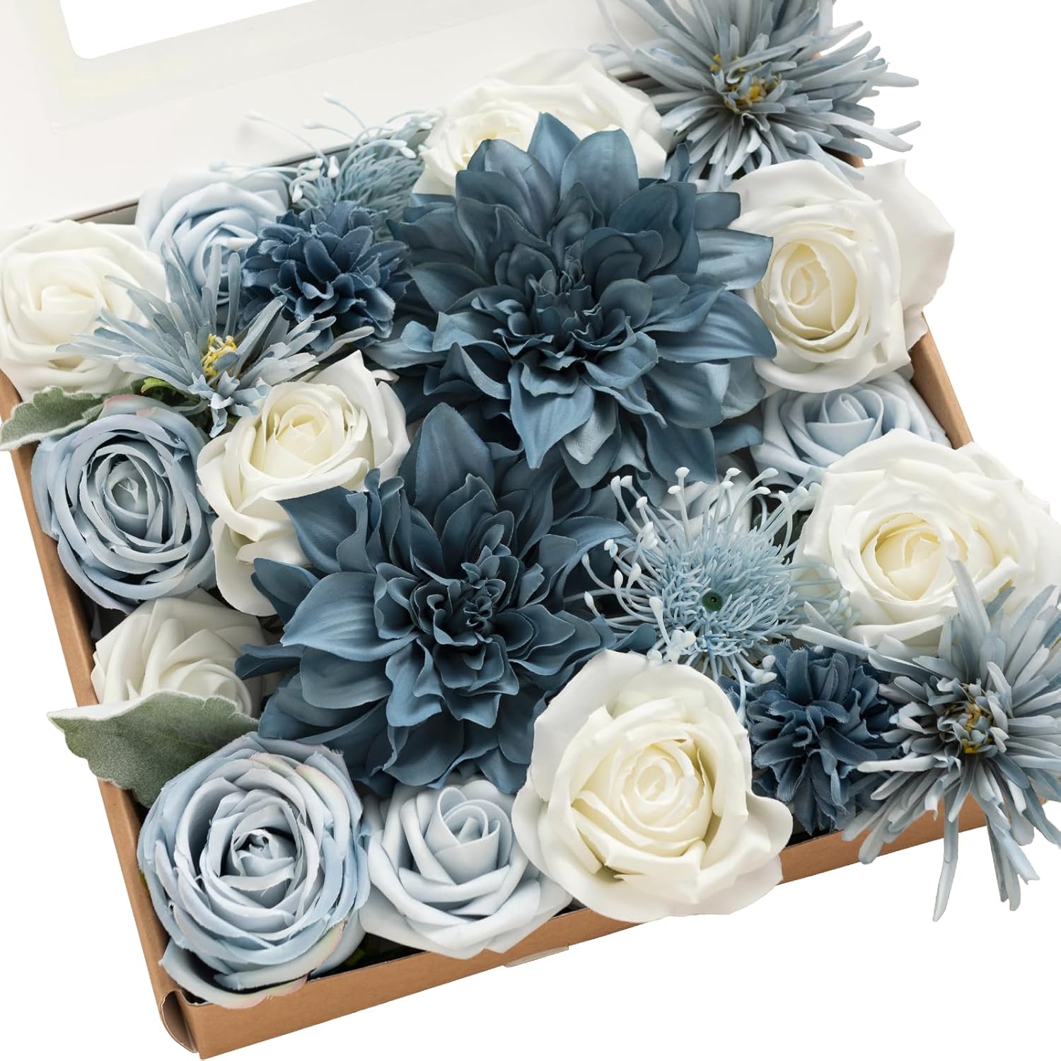 Ling's moment Fake Flowers Box, Faux Artificial Greenery Stems Foam Roses Silk Dahlia Fabic Flower for Centerpieces Bouquet Wedding Vase Floral Arrangement Decorations, Dusty Blue & Navy, Grand Combo