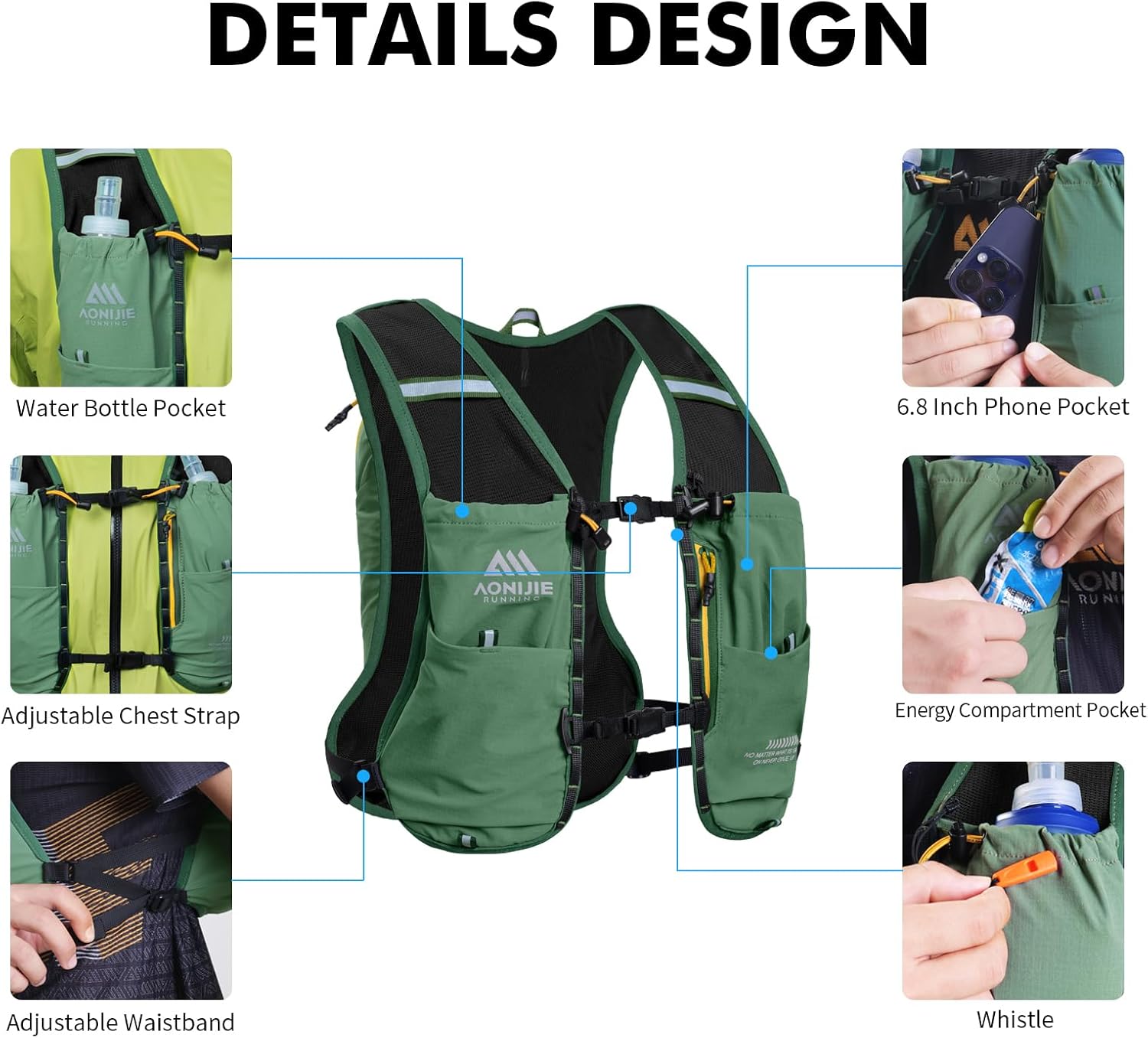 AONIJIE 10L Hydration Vest, Running Vest for Men & Women, Lightweight Hydration Backpack for Trail Running, Breathable Durable Design, (Black) - Image 4