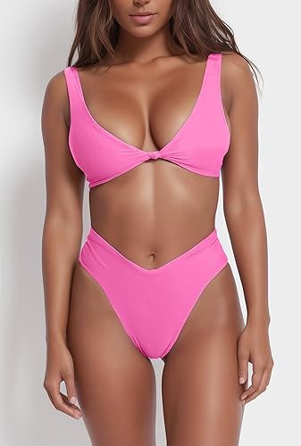Miniatura 2 de geluboao Conjunto de bikini para mujer sólido, cuello en V, nudo frontal, push up, tanga de pierna alta, traje de baño de dos piezas
