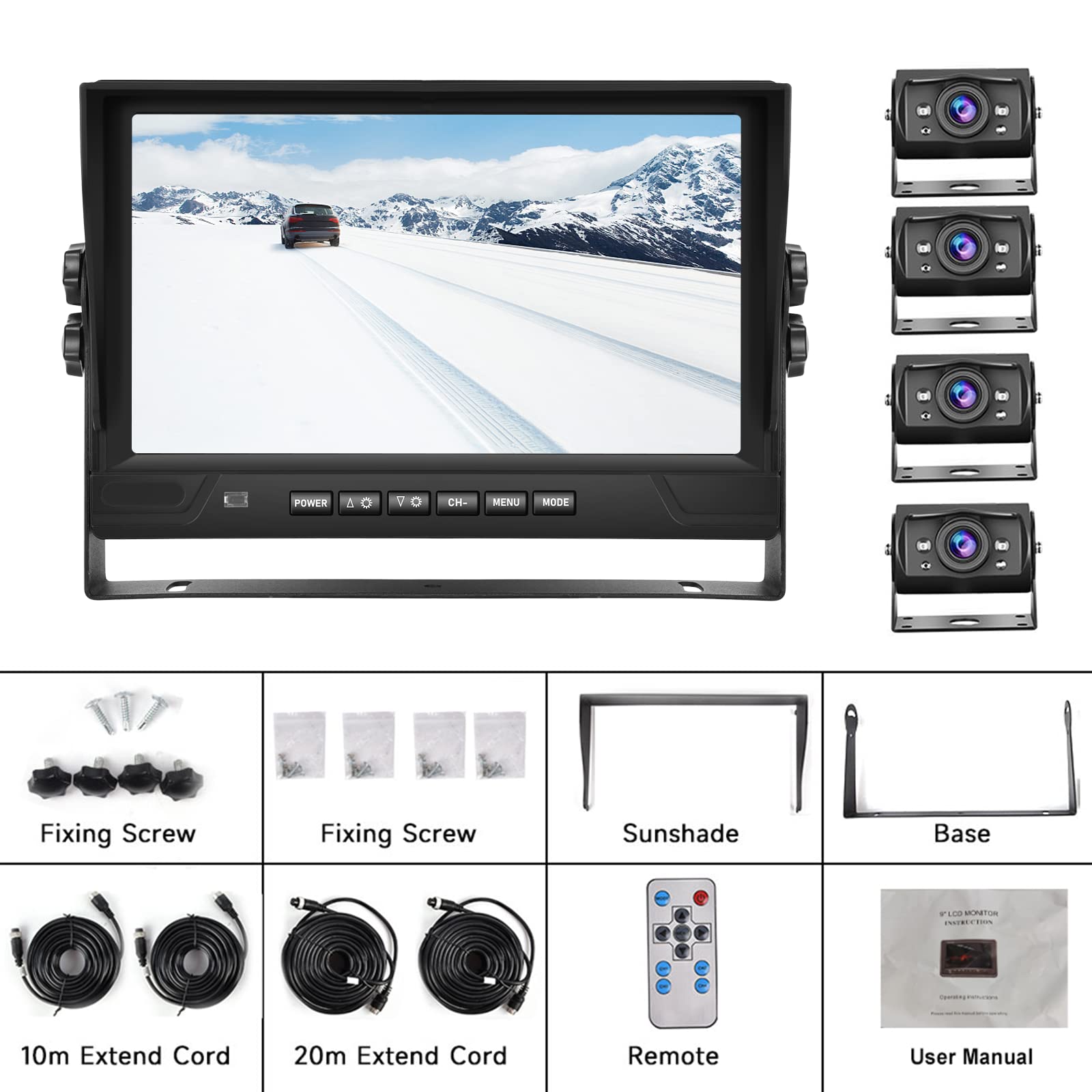 Zestaw czterech kamer cofania CAMECHO do ciężarówek – 9-calowy monitor LCD z nagrywaniem wideo DVR, szeroki kąt widzenia, stopień ochrony IP68, 18 diod IR do widzenia nocnego