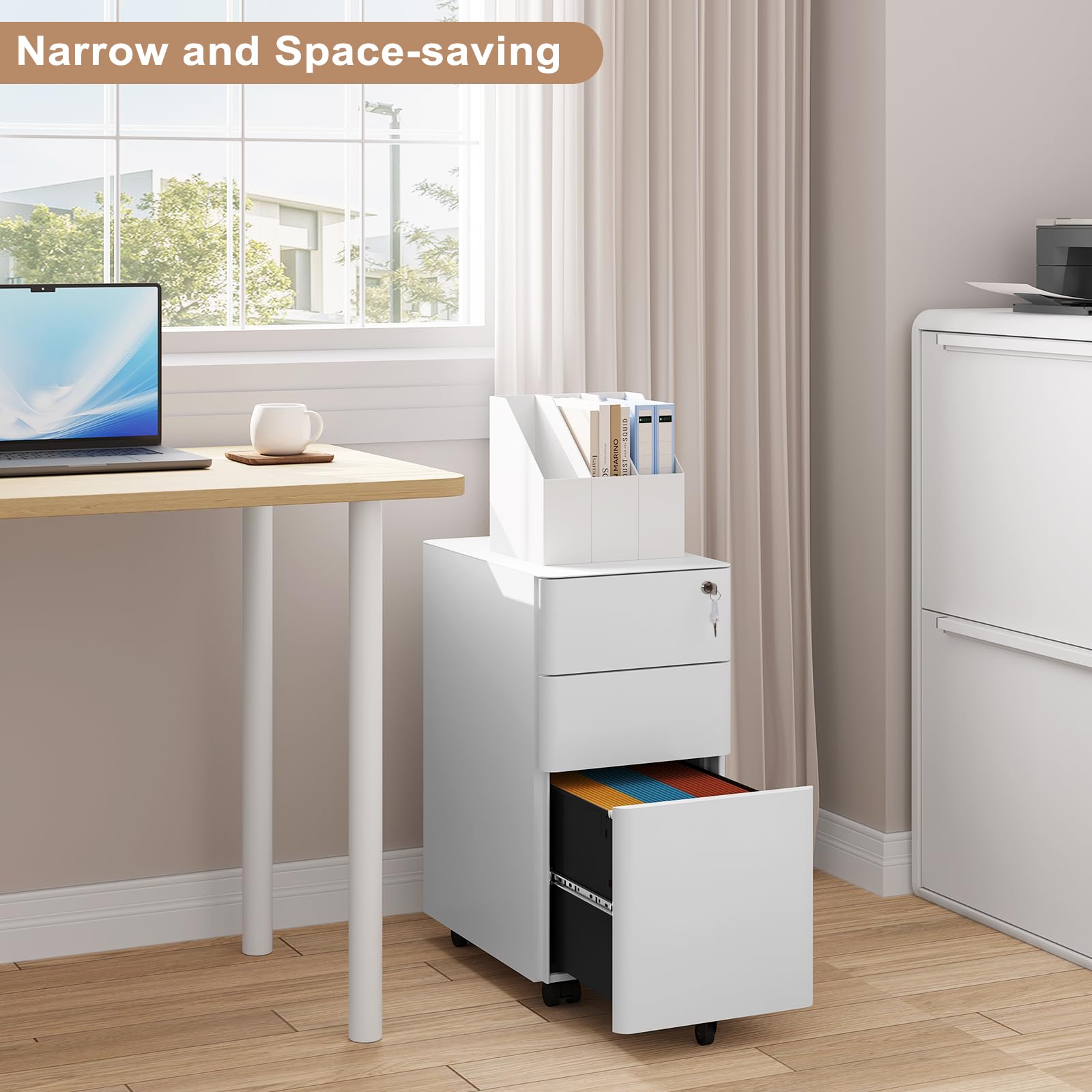 WOLTU Caisson de Bureau Mobile, Meuble de Rangement pour Dossiers Suspendus Format A4, Caisson sur roulettes, Armoire Documents avec 3 Tiroirs Verrouillables, en Métal, Blanc, 30x45x60 cm, ASK10ws