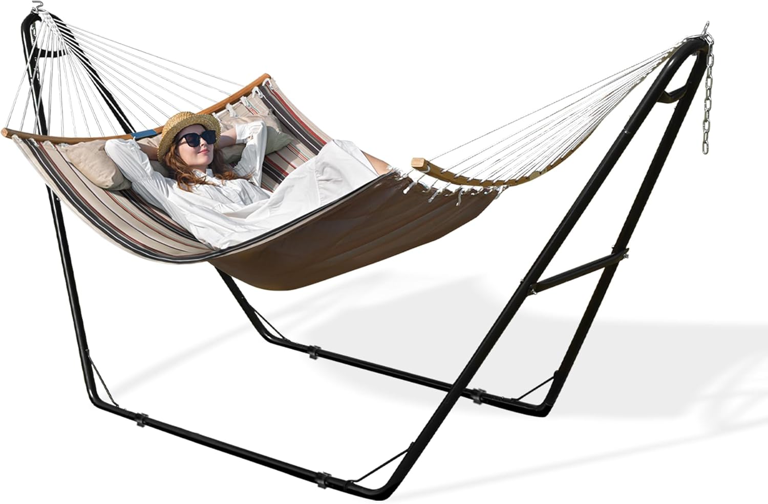 Double Hammock, 11 FT Quilted Fabric 2 Person Hammock for Outside with Pillow and Stand, Folding Curved Spreader Bar, Chains, Carrying Bag, Indoor Outdoor, 450 IB Capacity, Havana Brown