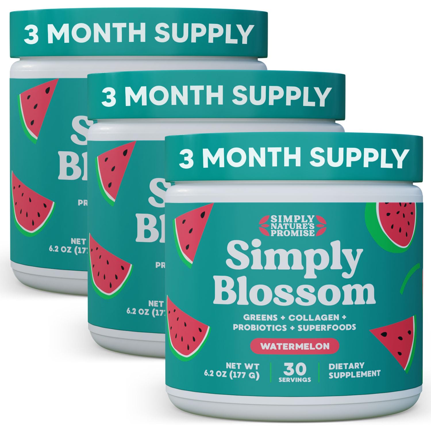 Simply Blossom Nutrition Daily Greens & Superfood Powder + Collagen + Probiotics for Women's Digestive Health & Bloating Relief. Help Your Health Bloom - 3 Month Supply - Watermelon