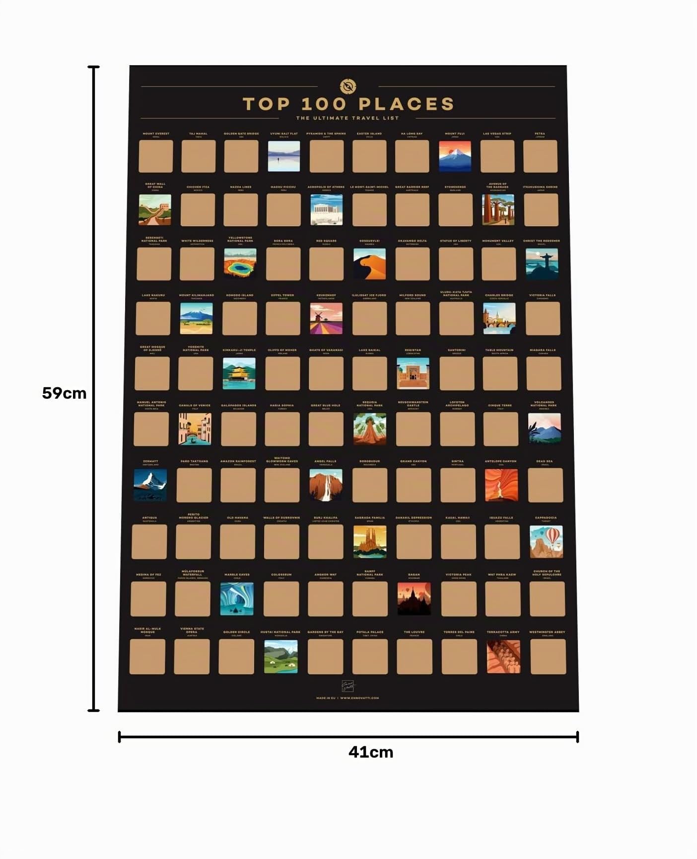 Affiche à gratter Enno Vatti de 100 lieux - Liste des meilleures destinations de voyage (42 x 59,4 cm)