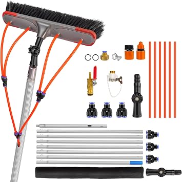 7m/23FT Aluminium Telescopic Cleaning Brush with Water Hose for Solar Panels, Water Fed Window Cleaning Pole Kit with180  Adjustable Angle, 35cm Brush Head & Accessories, Lightweight Washing Tool