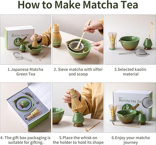 Miniatura 2 de Juego tradicional de ceremonia de té Matcha con cuenco de cerámica, batidor de bambú, soporte y colador, 5 piezas (verde)