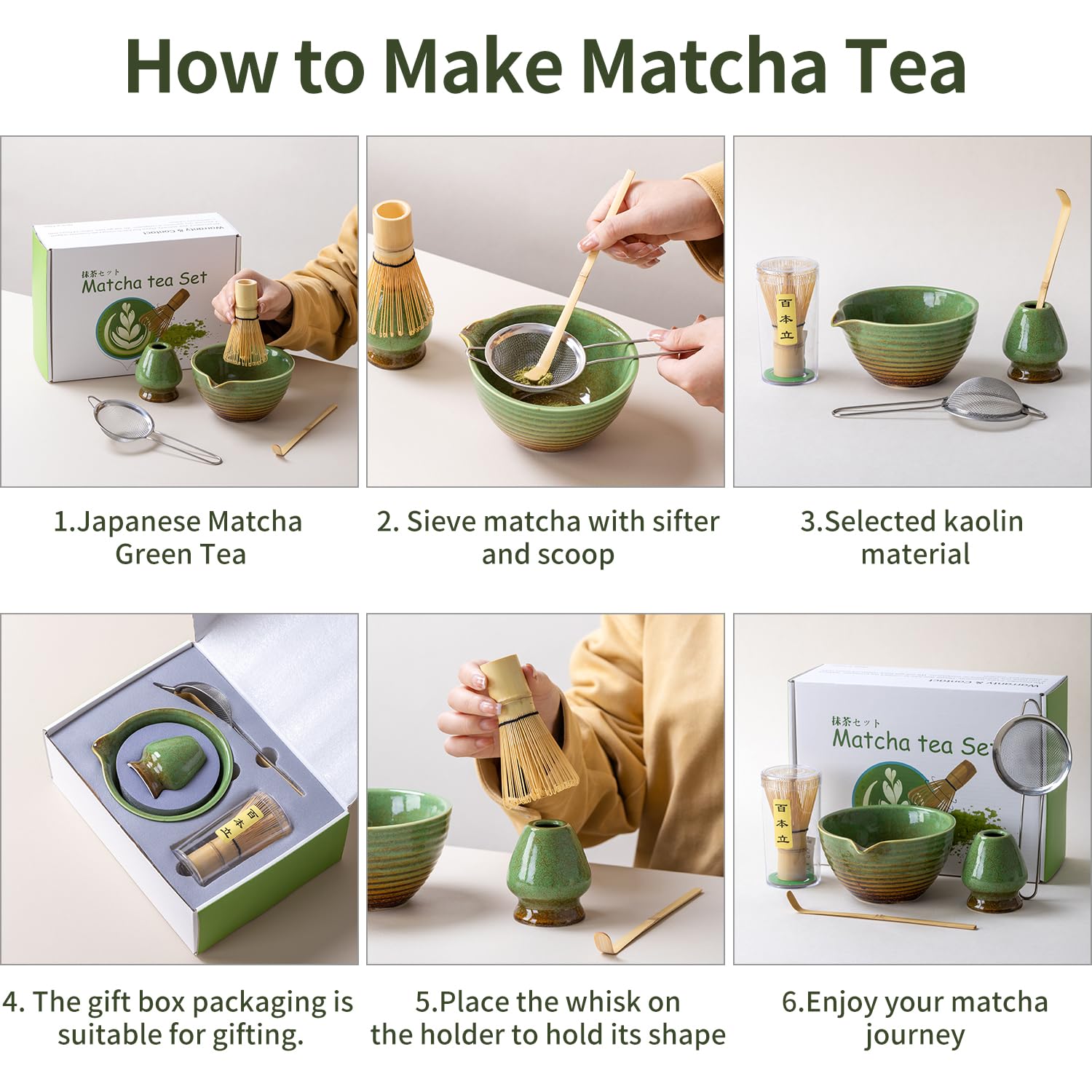 Service traditionnel de cérémonie du thé matcha avec bol en céramique, fouet en bambou, support et passoire, 5 pièces (vert)
