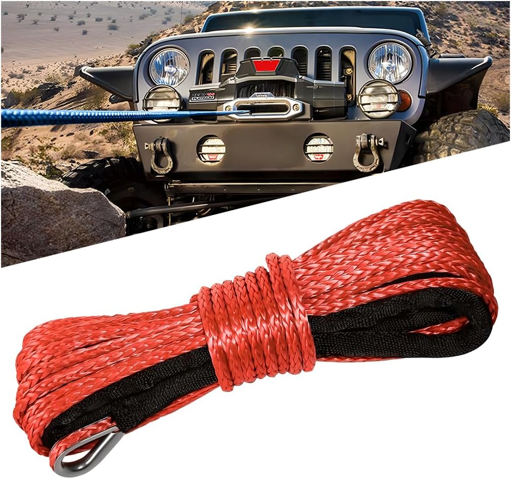 1/4'' x 50 Ft Car Synthetic Winch Rope Kit, 10000LBS Heavy Duty Vehicle Winch Cable with Protecting Sleeve and Thimble, Automotive Accessories, Universal for Off Road ATV UTV (Black)