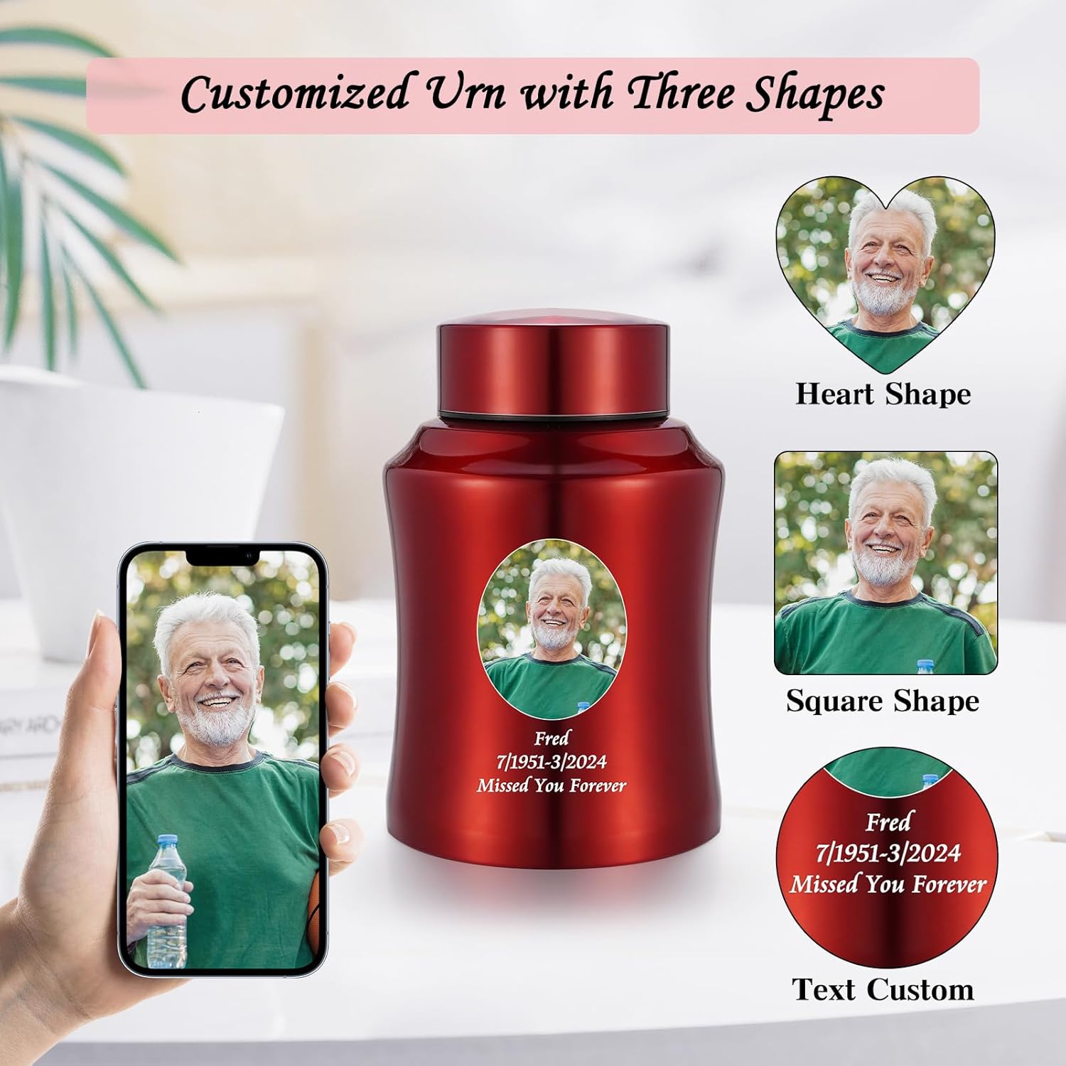 SOITIS Photo Personalized Cremation Urns for Human Ashes, 5.75 Inch Mini Urn for Male Female, Picture Custom Small Urns, Stainless Steel Memorial Keepsake, Decorative Urn Funeral Keepsake - Red Urn