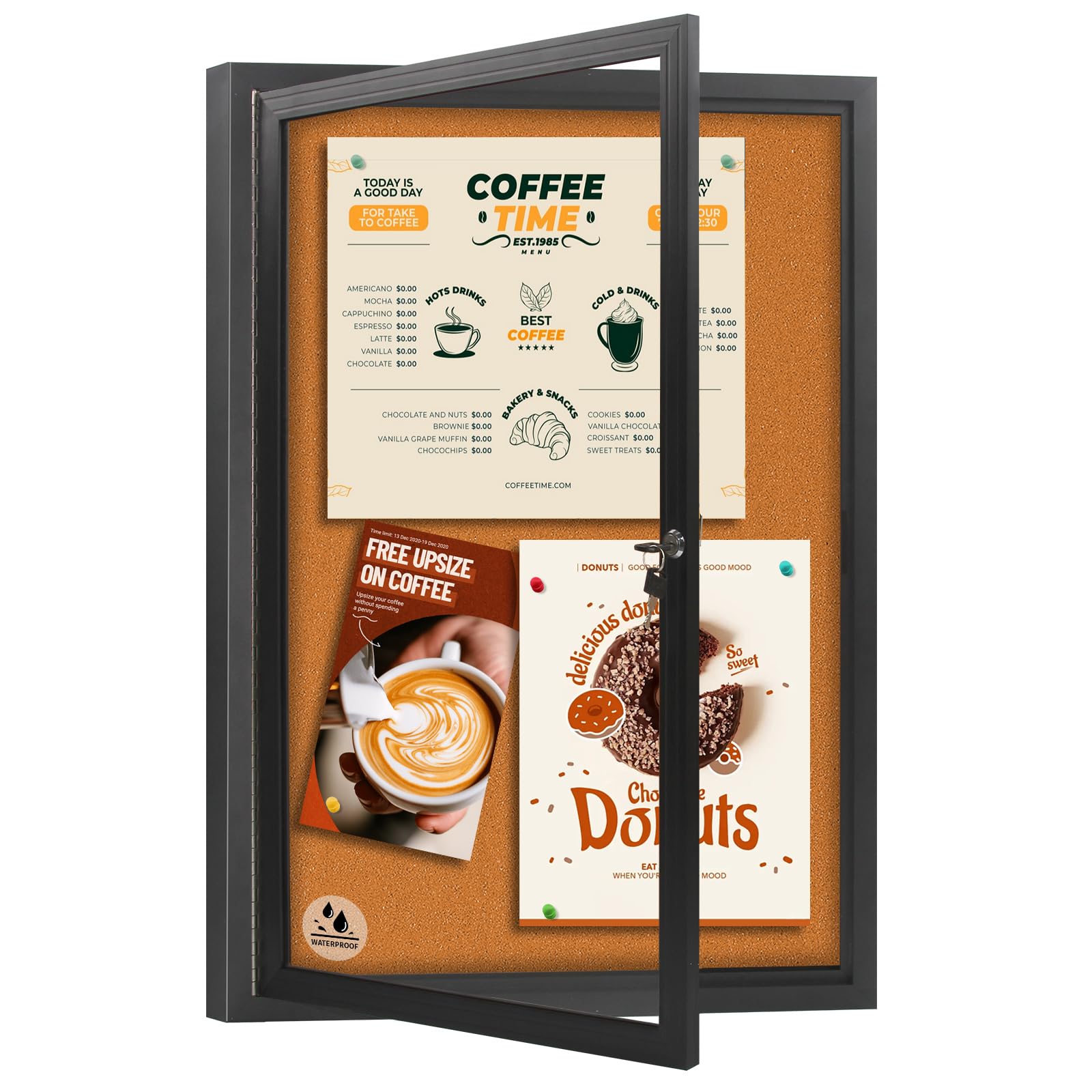 Tablón de anuncios cerrado, tablero de anuncios de corcho resistente a la intemperie con puerta de bloqueo, marco de aluminio negro montado en la pared, tablero de mensajes para oficina y hogar, 36 x
