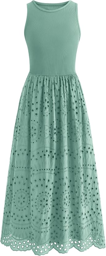 21% off: dowerme Women Summer Dresses 2026 Casual Sleeveless Crewneck A-Line Boho Lace Eyelet Cotton Tank Maxi …