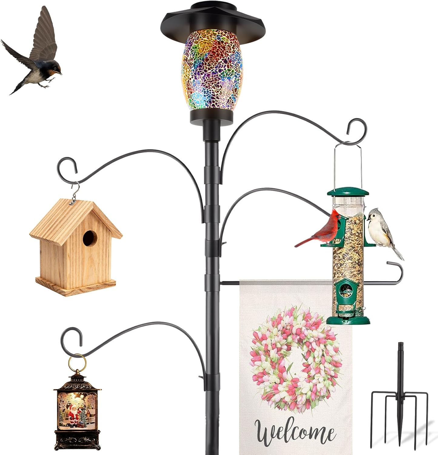 4-Hook Bird Feeding Station Kit Bird Feeder Poles,75in Shepherd Hooks for Feeder Stand, Wild Bird Feeder Hanging Kit Planter Hanger with Metal Suet Feeder|Birds Bath|Mesh Tray,Lanterns,Wind Chimes