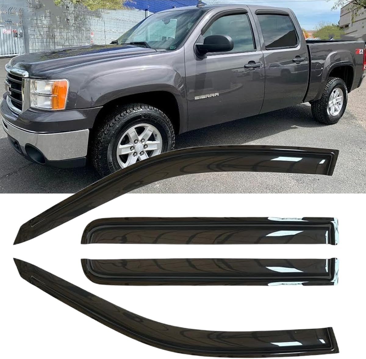 4pcs Side Window Deflectors, Outside Mount Rain Guards, Window Visor Compatible with 07-14 Chevy Silverado/GMC Sierra 1500/2500HD/3500HD Crew Cab, 07-14 Yukon XL/Suburban/Avalanche 94515