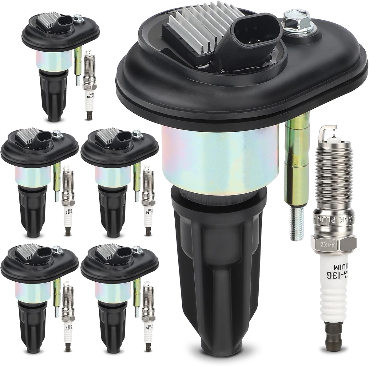 UF303 Ignition Coil & 5019 Double Iridium Spark Plug for Chevy Trailblazer | Colorado,GMC Canyon Envoy,Hummer H3,Buick Rainier,Isuzu Ascender I-280 I-290 I-350 I-370,Saab 9-7X Replace# C1395 (Set of 6)