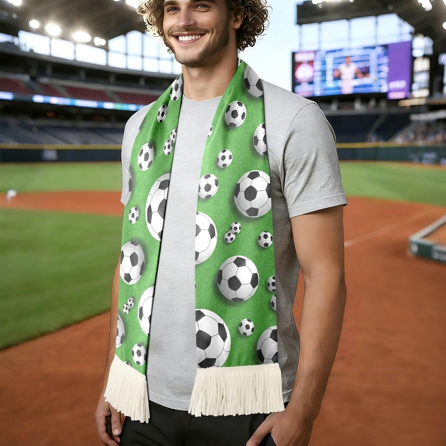 CHIFIGNO Soccer Balls Green Sports Fan Scarf Towel, Soft Quick Dry Polyester Cheering Scarf for Soccer Games, Fringed Rally Towel