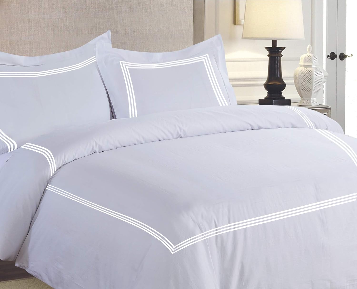 BedDecor 3 Piece 3 Line Embroidery Duvet Set with Zipper & Corner Ties 100% Egyptian Cotton 500 Thread Count Premium Hotel Quality Decorative Bedding White,Twin/TwinXL