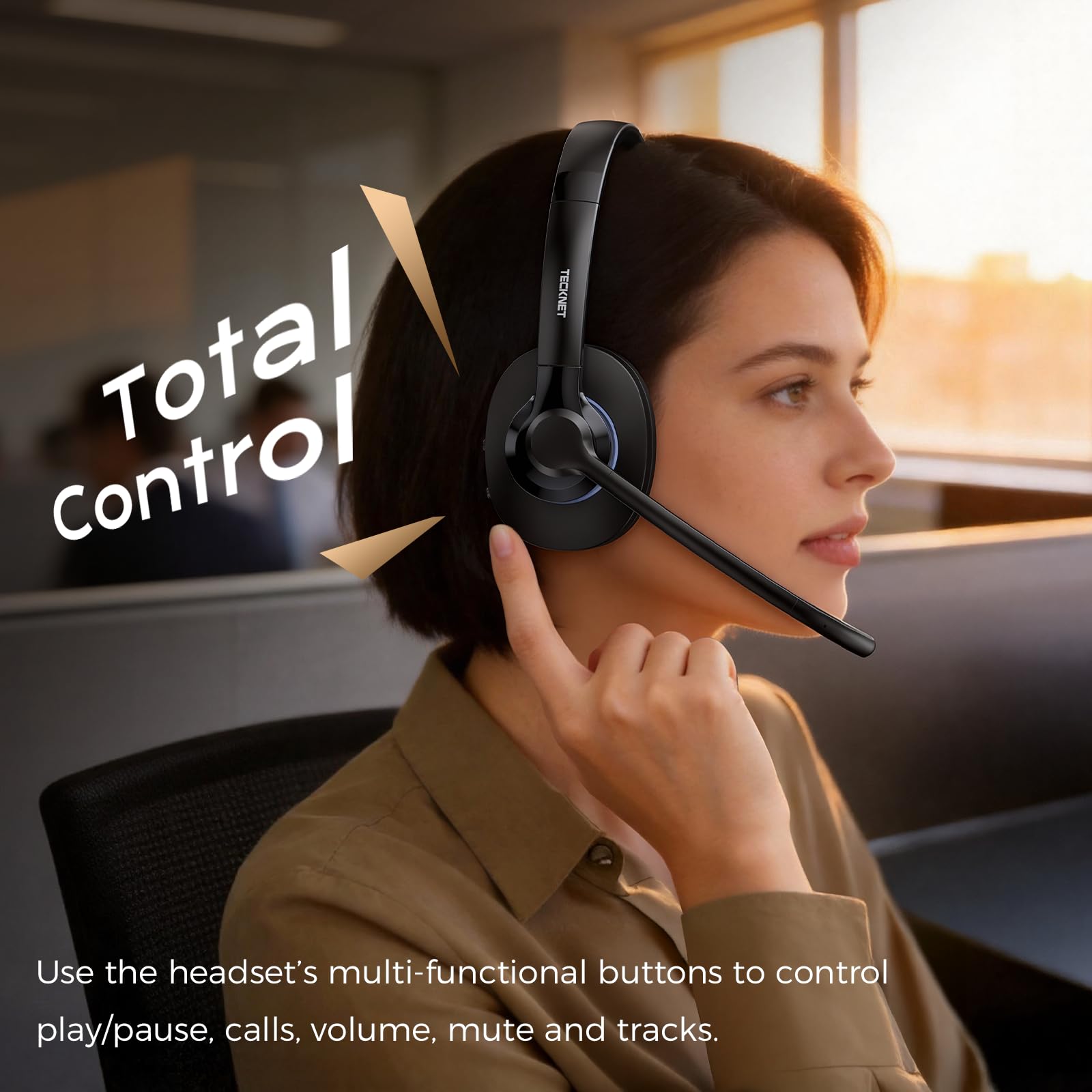 TECKNET Bluetooth Headset Wireless Headset with Microphone Active Noise Canceling,Bluetooth 6.0/USB-A On-Ear Headphones,50H Playtime & Mute,Wireless Headphones with Mic for Trucker Cellphone Office — view 7