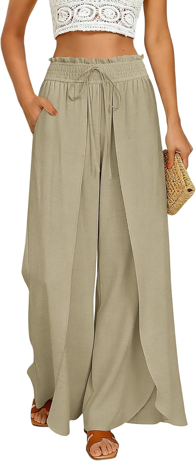 GRACE KARIN Womens Wide Leg Summer Pants Flowy Side Split Palazzo Beach Pants Boho Drawstring High Waisted Trousers