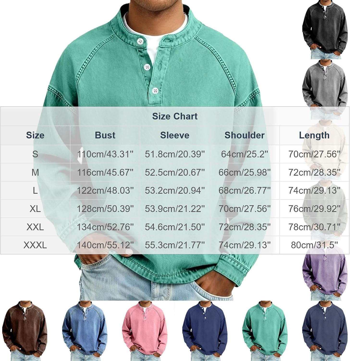 Denim Henley Shirt for Men Long Sleeve Stand Collar Button Front Blouse Loose Fit Fall Winter Fashion Pullover Tops