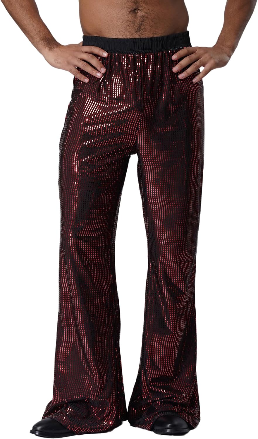 Mens 70s Disco Dance Pants Shiny Sequin Bell Bottoms Hippie Costume for Halloween Stage Performance