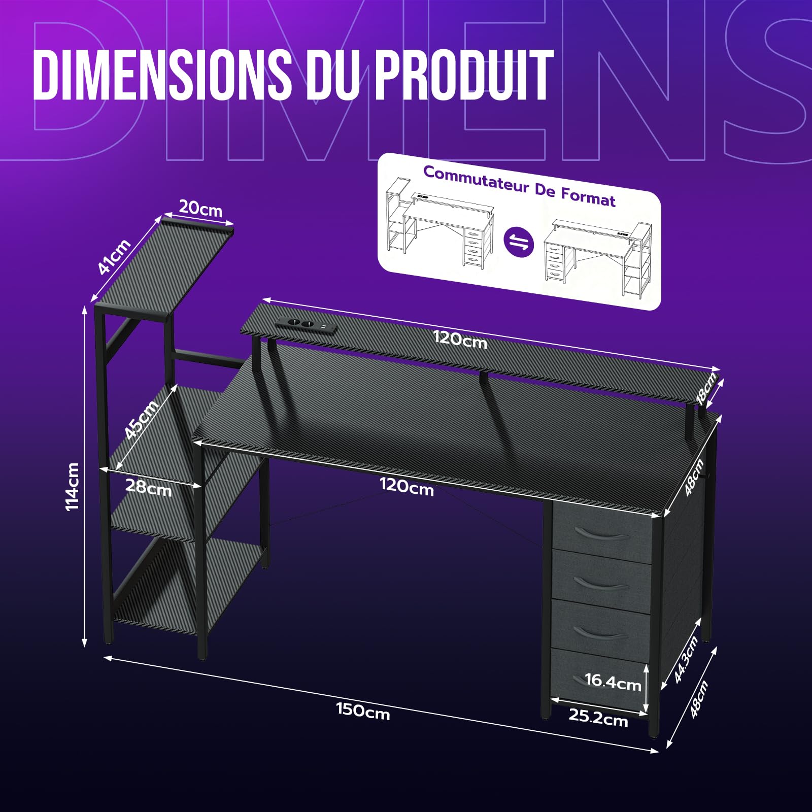 YOUDENOVA Table de Jeu avec éclairage LED et Prise, 150 x 50 cm, Bureau d'ordinateur avec tiroirs, Fibre de Carbone, Noir