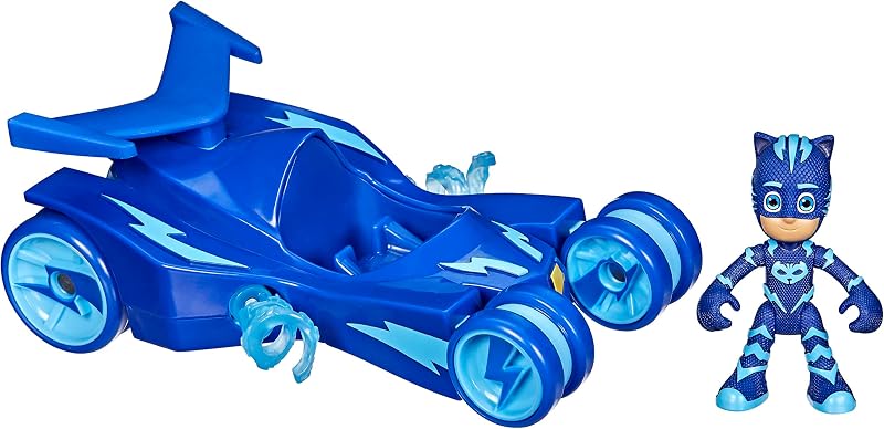 PJ Masks Catboy Deluxe Vehículo de juguete preescolar, juguete de auto de gato con rayas giratorias de súper gato y figura de acción de Catboy para niños de 3 años en adelante