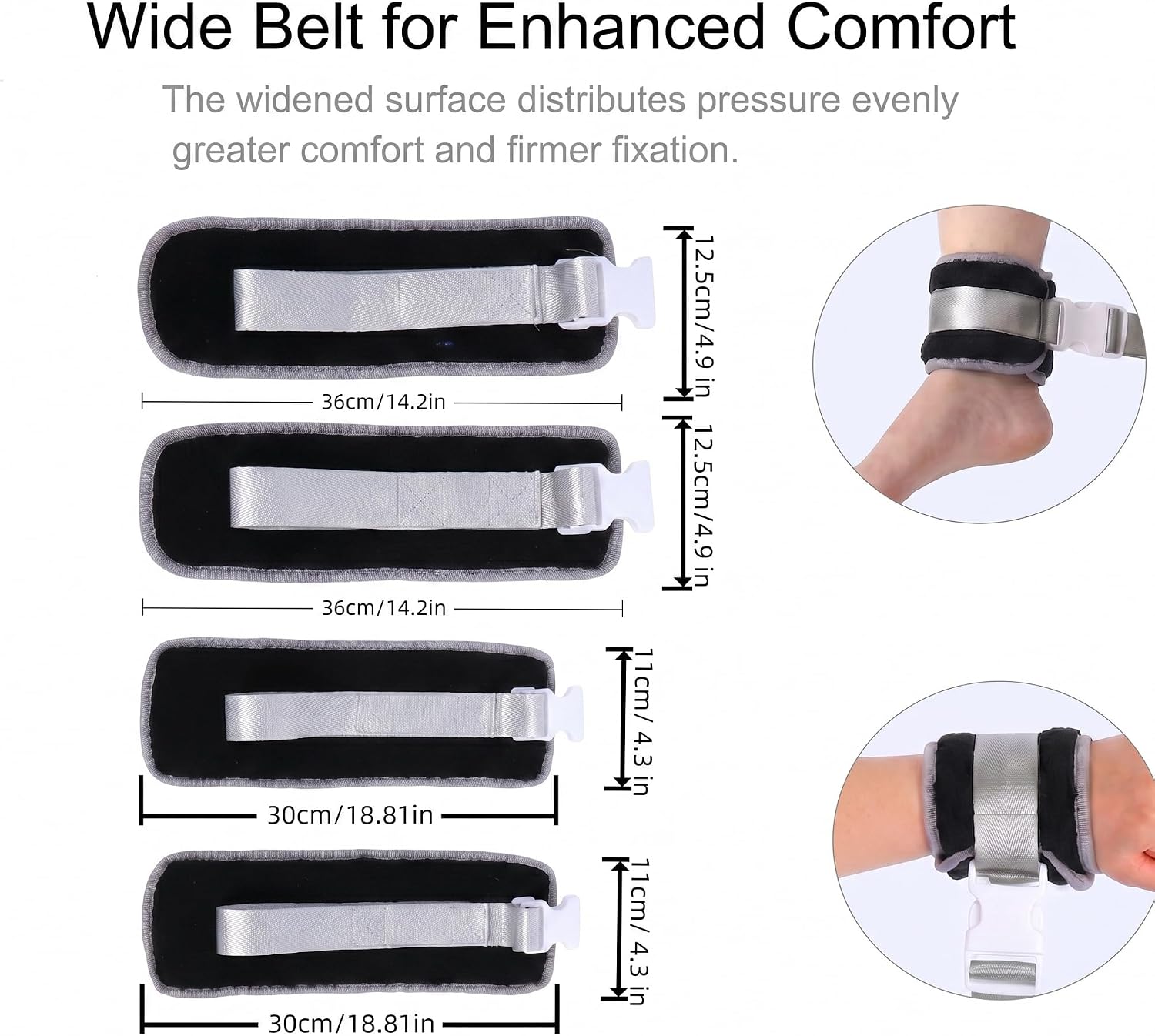 Fleece Lined Medical Patient Restraints Straps, Quick Release Buckle Bed Belts for Wrist Ankle, Black, 4 Pack