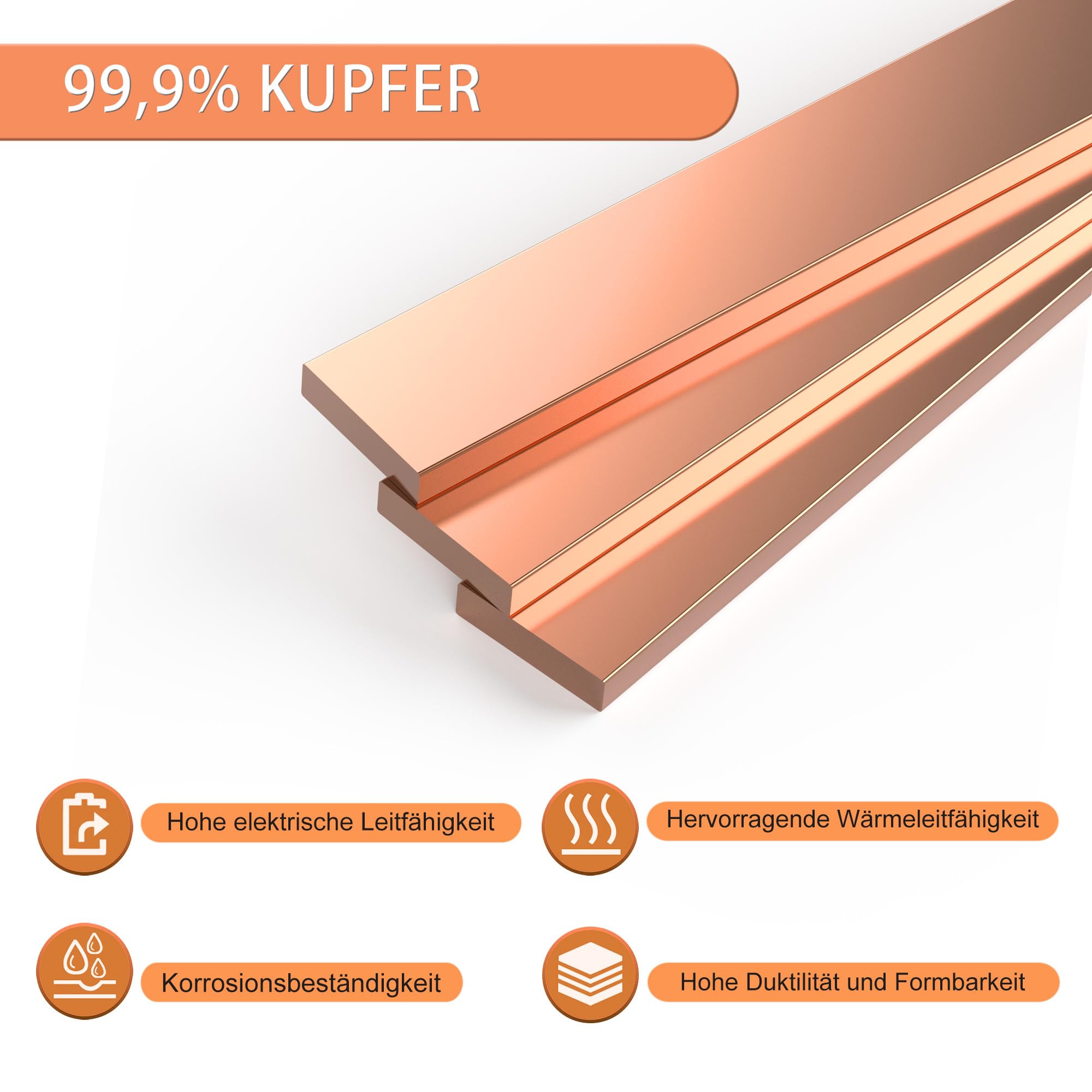 Metall Kupferplatte, 1 Stück Kupferflache Stangenplatte 254mm x 25mm x 6mm, 99.9% T2 Reiner Kupferblech für Bastelarbeiten, Elektrische Reparaturen und Verschiedene DIY
