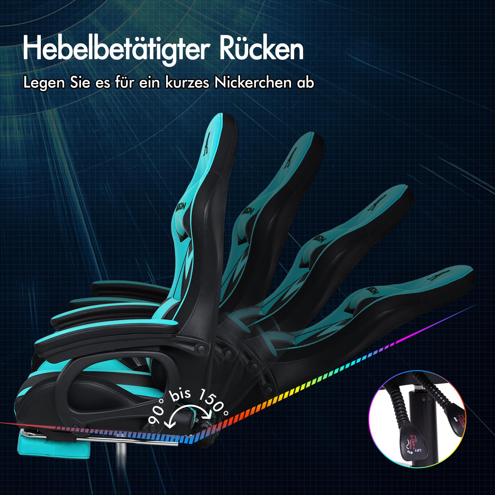 ALFORDSON Gamer-Stuhl Gamer Stühle RGB LED Racing PC-Gaming-Sessel Massage Bürostuhl ergonomisch Schreibtischstuhl Fußstützen, 90-150°Neigungswinkel,180 kg belastbar, Cyan