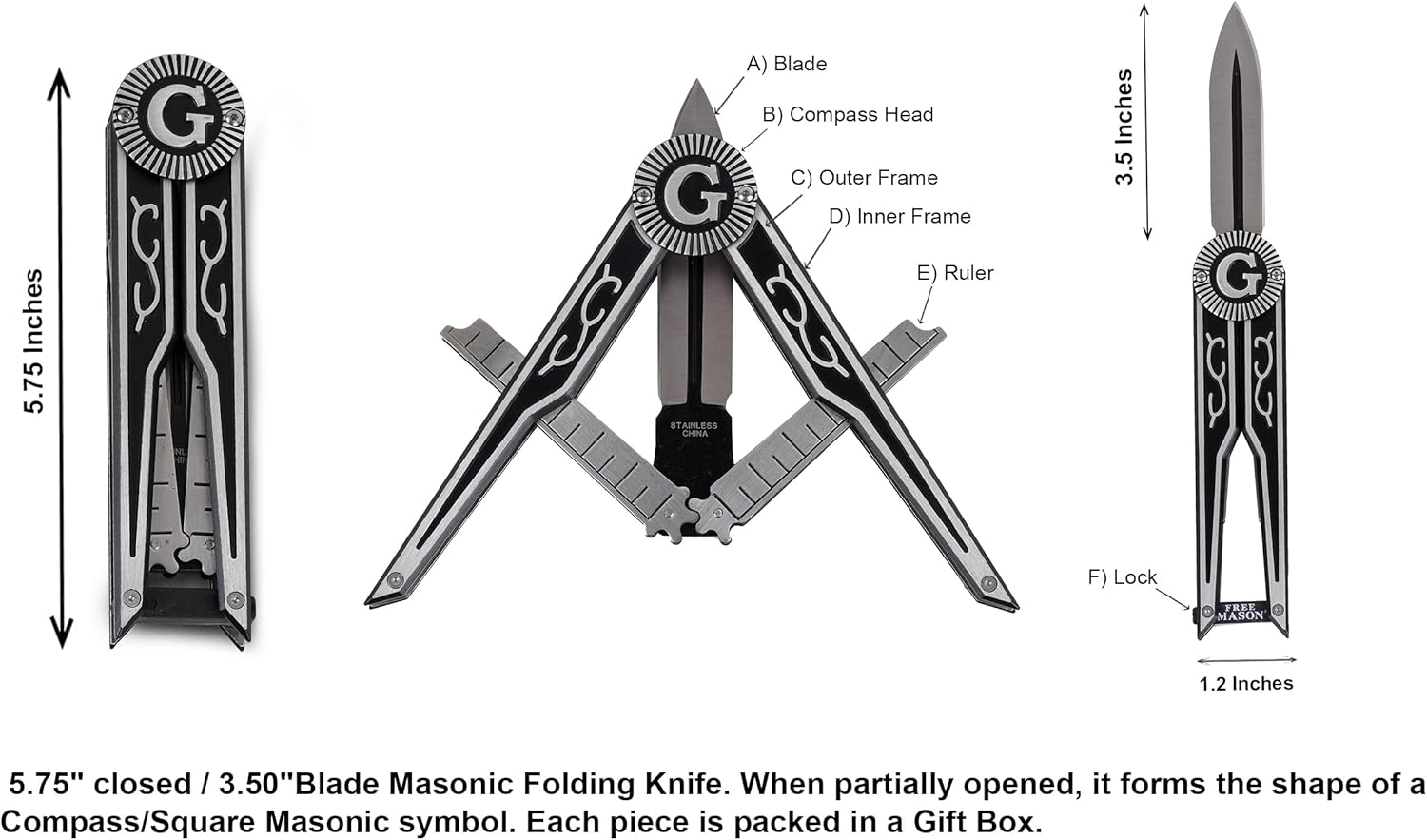 Folding Masonic Pocket Knife, 5.75 inch Closed/ 3.50" Blade Knife When Partially Opened It Forms the Shape of a Compass/Square Masonic symbol Gift for Men for Hunting, Camping, Fishing, Hiking Etc