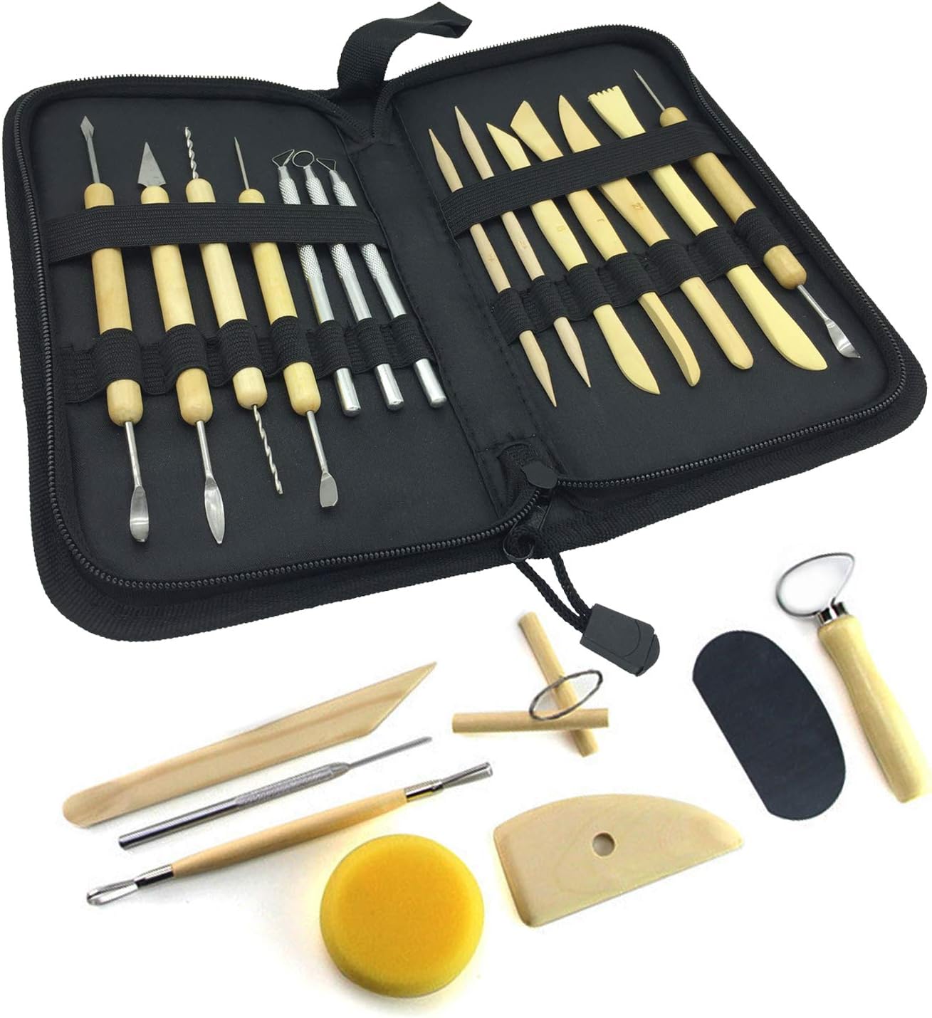 Wood Pottery Tool Set, 22 Piece All-in-one Wood Clay Modeling Tools Boxwood Sculpture Ceramic Tools Kit with Convient Carry Storage Case
