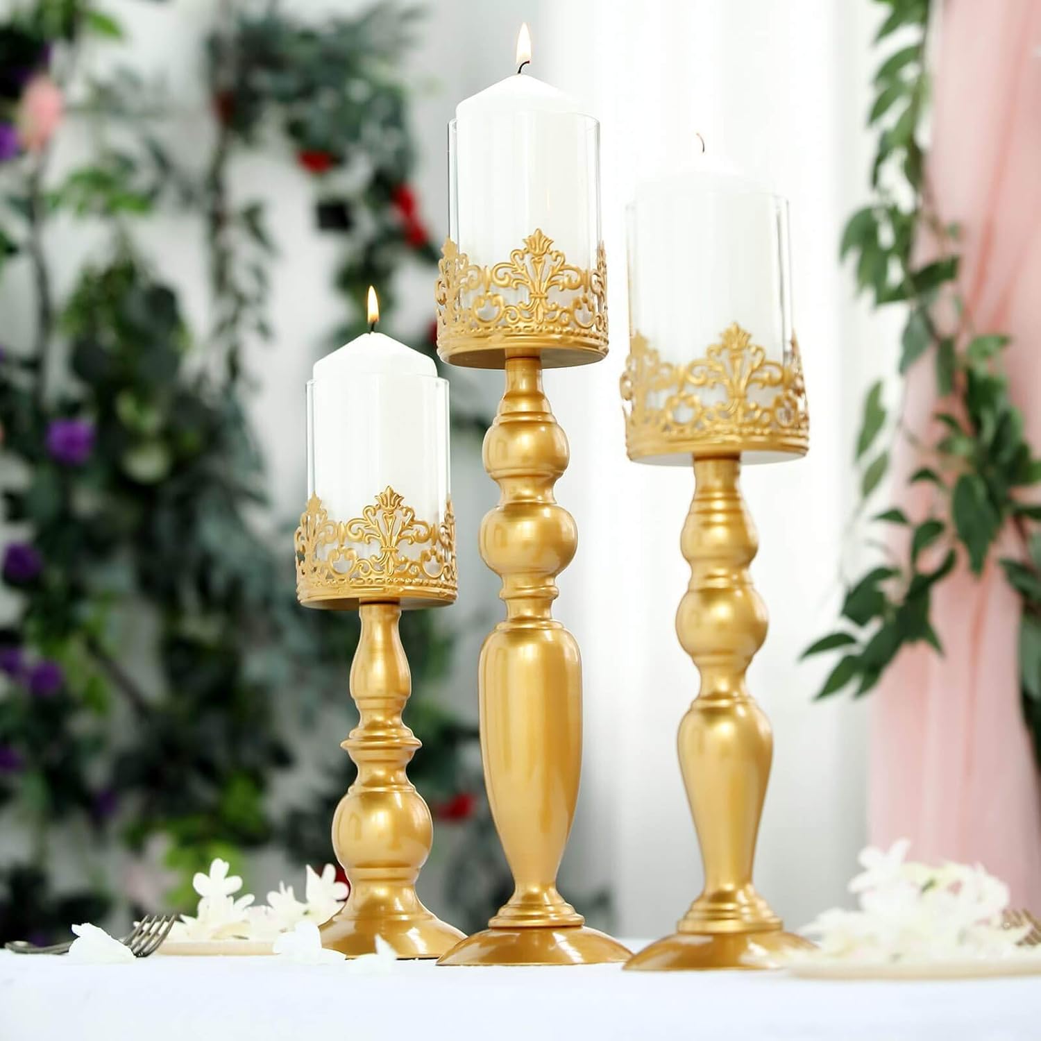 Wedding Venue Shop Glass Hurricane Candle Holder Set - 12"", 14"", & 17 | Lace Design with Glass | Gold | Pack of 3 : Home & Kitchen