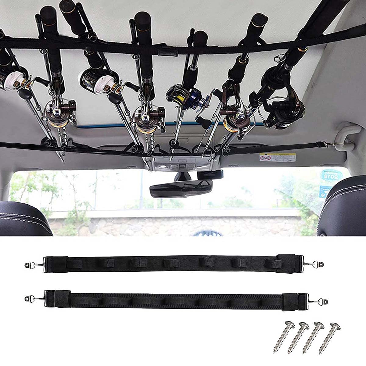 Vehicle Fishing 7 Rod Holder Heavy Duty Car Fishing Rod and Reel Saver Metal Clamp Fishing Pole Rack Belt Strap Carrier for Trucks SUVs Wagons Vans