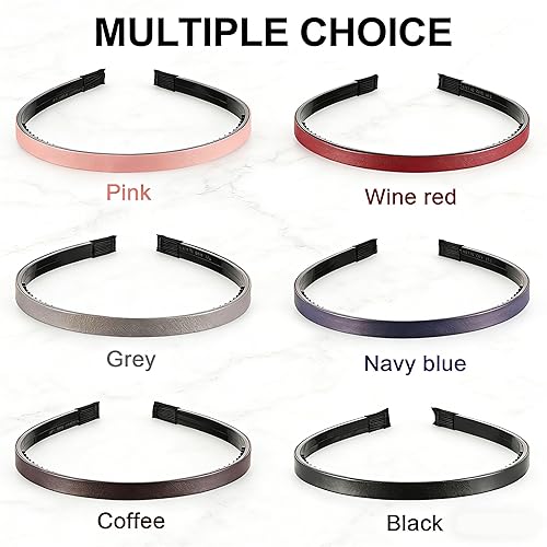 Miniatura 4 de WILLBOND 6 piezas de diadema de cuero delgada cubierta de plástico para el cabello, bandas para el cabello de color sólido simples para mujeres (0.4