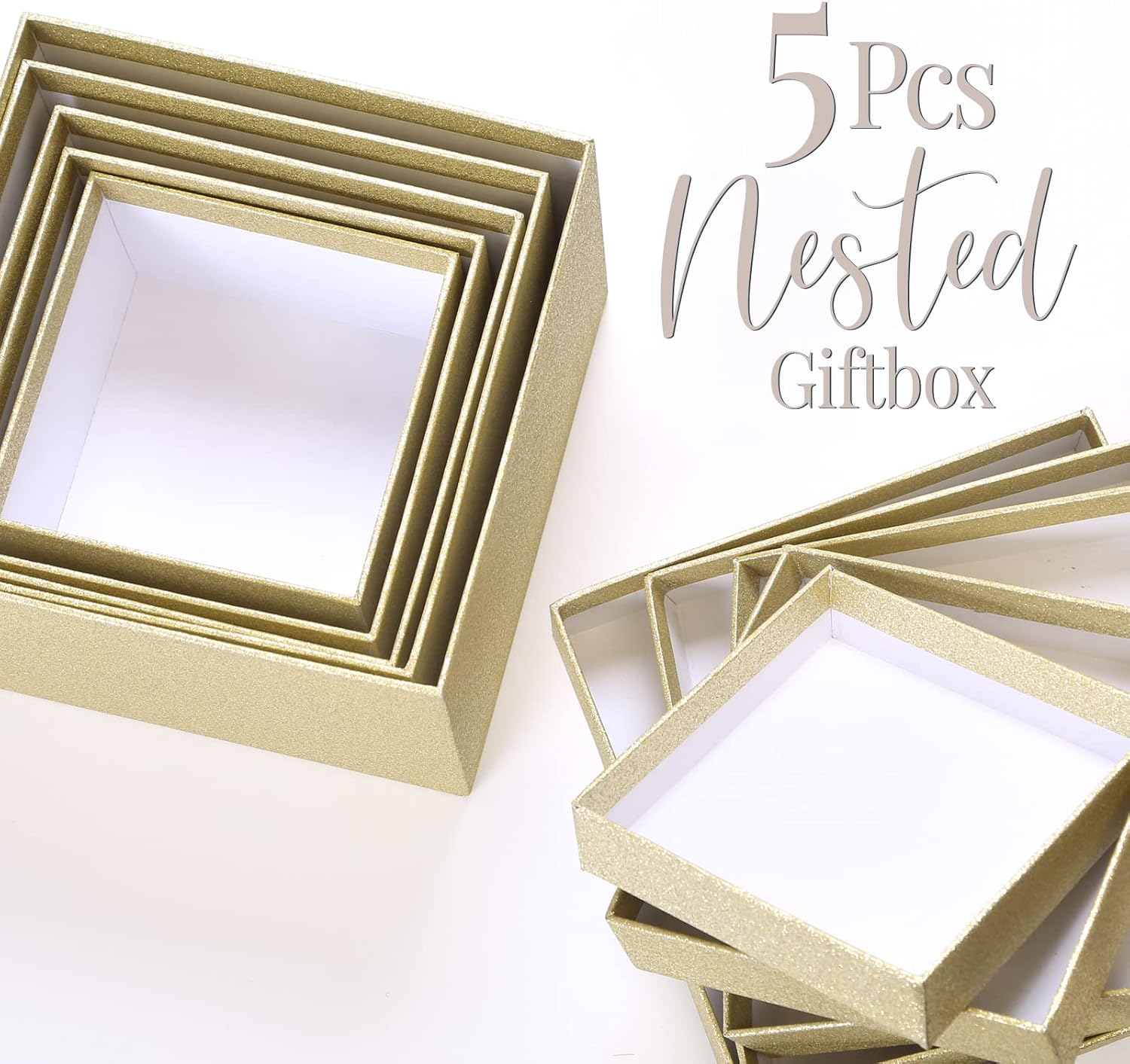 PAPER FAIR 5PCS Bright Gold Glitter Nesting Gift Boxes Set, Flat Square Cardboard Storage Organizer Keepsake Box with Lid Durable Reusable, for Gift Wrapping Holiday Present Christmas Birthday,